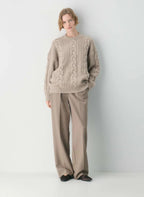novaxlux Heritage Merino Woll-Zopfstrickpullover mit Rundhalsausschnitt